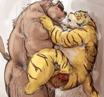 anal anal_penetration anthro belly big_belly blush bodily_fluids brown_body brown_fur butt duo eyes_closed fur kemono male male/male male_penetrated male_penetrating male_penetrating_male overweight overweight_male penetration sex sweat tongue tongue_out yellow_body yellow_fur kotobuki bovid bovine cattle felid mammal pantherine tiger 2020 absurd_res censored hi_res