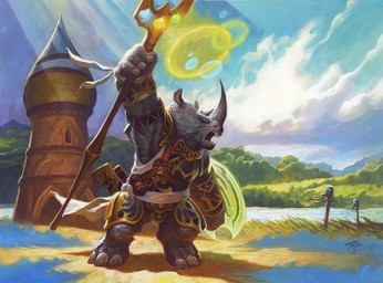 4_fingers angry anthro armor biped building cloud day fingers grey_body holding_object holding_shield holding_staff horn magic male open_mouth outside shield solo staff standing steve_prescott hasbro magic:_the_gathering wizards_of_the_coast mammal rhinoceros official_art traditional_media_(artwork)