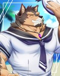 anthro beach blush brown_body brown_fur countershading crystal eyebrows fur grin jewelry male muscular muscular_anthro muscular_male necklace outside pecs sailor_hat sailor_uniform seaside smile solo thick_eyebrows shillon0610 lifewonders live_a_hero pubraseer canid canine canis domestic_dog mammal absurd_res hi_res