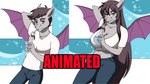 anthro big_breasts big_butt blue_eyes bottomwear breast_growth breasts brown_hair butt clothed clothing drinking female gender_transformation grey_body growth hair hair_growth hand_behind_head long_hair looking_at_viewer male midriff mtf_transformation pants simple_background solo transformation wings rikis vtuber lazy_fangs bat mammal 16:9 animated colored short_playtime widescreen