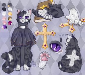 ambiguous_gender black_markings christian_cross christian_symbol cross cross_(marking) crucifix feral fur grey_body grey_fur long_tail markings pawpads pink_inner_ear pink_pawpads purple_eyes quadruped religion religious_symbol sitting solo tail white_markings icetailwarrior christianity warriors_(book_series) domestic_cat felid feline felis mammal 2023 hi_res model_sheet