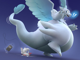 blue_wings duo extreme_size_difference faceplant feral grey_background legs_in_air looking_at_another looking_back looking_back_at_another macro open_mouth pear-shaped_figure raised_foot raised_tail side_view simple_background size_difference spread_wings tail thick_tail thick_thighs white_body wide_hips wings kiforda nintendo palworld pocketpair pokemon generation_3_pokemon pal_(species) pokemon_(species) quivern zangoose 2025 3d_(artwork) 4:3 digital_media_(artwork) hi_res