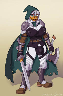 anthro armor axe balls belt big_balls big_breasts big_penis boots bracers breasts bulge cape clothed clothing fishnet_clothing fishnet_legwear footwear genitals green_cape green_clothing green_eyes green_hood gynomorph hair intersex legwear melee_weapon partially_clothed pauldron penis shoes simple_background solo sword weapon white_hair naughtyjester anatid anseriform avian bird duck 2022 absurd_res hi_res signature