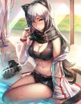 blush bottomwear breasts cleavage clothed clothing duo ear_piercing ear_ring female grey_hair hair inside looking_aside navel piercing ring_piercing scarf shorts sitting solo_focus water wet lanse_dai_mao arknights hypergryph studio_montagne schwarz_(arknights) animal_humanoid cat_humanoid felid felid_humanoid feline feline_humanoid humanoid mammal mammal_humanoid 2020 absurd_res hi_res