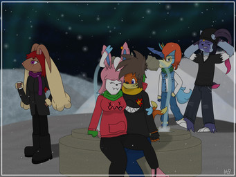 ambiguous_gender anthro beverage clothing female fingerless_gloves fountain gloves group handwear landscape male mittens outside scarf sitting sky snow standing star starry_sky walking winter_clothing winter_coat hupla21 nintendo pokemon fang_(hupla21) hazel_(hupla21) kellen_(hupla21) pixie_(hupla21) steph_(hupla21) buizel eeveelution generation_3_pokemon generation_4_pokemon generation_5_pokemon generation_6_pokemon generation_8_pokemon keldeo keldeo_(resolute_form) legendary_pokemon lopunny pokemon_(species) roselia sneasler sylveon 4:3 hi_res signature nonbinary_(lore) trans_(lore) trans_man_(lore) trans_woman_(lore)