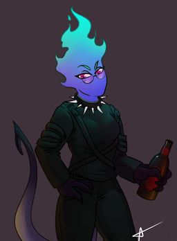 alcohol beverage claws clothed clothing collar eyewear female fire flaming_head fully_clothed glasses hand_on_hip looking_at_viewer not_furry pink_eyes simple_background solo spiked_collar spikes tail wearing_glasses conop-8888 demon elemental_creature fire_creature humanoid 2019
