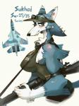 aircraft alternate_species anthro blue_body blue_eyes blue_fur blush breasts clothing ear_piercing female fur furrification hat headgear headwear holding_object holding_weapon looking_at_viewer piercing ranged_weapon simple_background solo su-37_terminator vehicle weapon white_background white_body white_fur hideki_kaneda sukhoi sukhoi_(hideki_kaneda) canid canine canis domestic_dog mammal 2019 digital_media_(artwork) half-length_portrait portrait