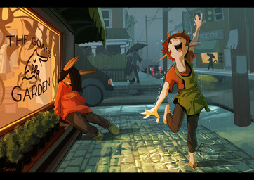 ambiguous_gender anthro apron black_hair bottomwear brown_body brown_eyes brown_fur clothing footwear fur grey_bottomwear grey_clothing grey_pants group hair hoodie hooves long_hair looking_at_another open_mouth open_smile outside pants plant plant_pot potted_plant raining red_clothing red_hair red_hoodie red_topwear road shadow shoes shrub sidewalk sitting smile street_lamp tongue topwear umbrella white_body white_fur twang janis_(twang) milo_(twang) bovid caprine goat lagomorph leporid mammal rabbit hi_res letterbox shaded signature male_(lore)