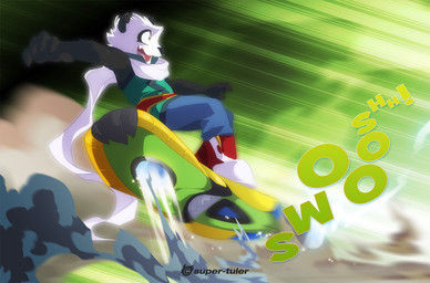action_pose aircraft anthro detailed_background emanata flying fur hoverboard low-angle_view male midair motion_lines multicolored_body multicolored_fur onomatopoeia open_mouth pose scarf smile smoke solo sound_effects spread_arms technology text toony two_tone_body two_tone_fur vehicle wind super-tuler tairu bear giant_panda mammal 2010 english_text