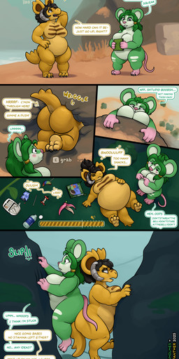 after_transformation alternate_species annoyed anthro apple banana_peel belly big_belly big_breasts big_butt black_hair blush book bottle breasts buckteeth butt claws climbing container dialogue duo embarrassed featureless_breasts featureless_crotch female food fruit furrification green_body green_hair hair holding_book holding_object horn huge_belly looking_back looking_up lying non-mammal_breasts nude on_back open_mouth outside overweight overweight_female plant rock sand shortstack shrub standing surprised tail teeth text thick_thighs through_wall tree water_bottle wide_hips yellow_body ataripanther miltonholmes atlyss peak_(videogame) coriander_(ataripanther) greenie_(miltonholmes) chang_(atlyss) kubold_(atlyss) 2025 absurd_res comic digital_media_(artwork) english_text hi_res