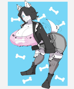 anthro bent_over_with_legs_held_straight big_breasts biped black_boots black_clothing black_footwear black_hair black_jacket black_topwear blue_eyes blush blush_stickers boots bottomwear breasts cleavage clothed clothing female footwear fur grey_bottomwear grey_clothing grey_shorts grin hair hair_over_eye huge_breasts inner_ear_fluff jacket looking_at_viewer motion_lines one_eye_obstructed pink_clothing pink_topwear shoes shorts smile solo tail tail_motion tailwag topwear tuft white_body white_fur gemnose maggie_applebee canid canine canis domestic_dog mammal 2021 digital_drawing_(artwork) digital_media_(artwork) full-length_portrait hi_res portrait