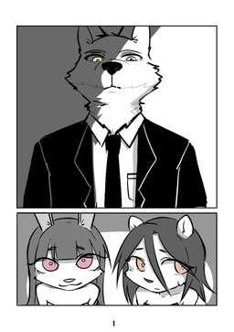 anthro bodily_fluids brown_eyes clothing female green_eyes group looking_at_viewer looking_down looking_down_at_viewer male male/female pink_eyes red_eyes suit sweat sweatdrop kyogummi cherry_the_rabbit hedgehog_girl_(kyogummi) wolf_(kyogummi) canid canine canis eulipotyphlan hedgehog lagomorph leporid mammal rabbit wolf absurd_res black_and_white comic hi_res monochrome