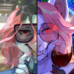 anthro blurred_background brown_hair cigarette cigarette_in_mouth clothed clothing container cup drinking_glass duo eyewear female front_view fur glass glass_container glass_cup glasses hair holding_container holding_cup holding_drinking_glass holding_object holding_wine_glass looking_at_viewer multicolored_hair object_in_mouth pink_hair red_eyes smoking tinted_glasses two_tone_hair white_body white_fur wine_glass corzh77 avian species_request 1:1 hi_res
