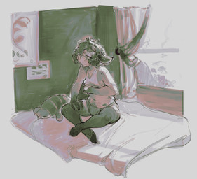 anthro bed bedroom biped clothing female furniture morning on_bed shirt slim_anthro slim_female solo tank_top topwear waking_up white_clothing white_shirt white_tank_top white_topwear window phimeirai bovid caprine mammal sheep 2023 hi_res