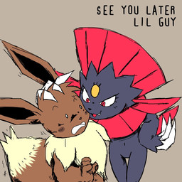 4_fingers anthro big_claws black_body black_fur black_nose blush brown_body brown_fur brown_nose brown_pawpads claws dialogue duo eyebrows eyelashes fangs female fingers flirting fluffy fur grey_background hand_on_head jewelry long_ears long_tail looking_at_another male motion_lines muscular navel necklace pawpads red_body red_eyes red_fur scary seductive shocked simple_background size_difference slim smaller_female smaller_male tail tan_body tan_fur teeth text tongue white_claws white_eyes jisito dragon_ball dragon_ball_z nintendo pokemon inti_(jisito) eevee generation_1_pokemon generation_4_pokemon pokemon_(species) weavile 1:1 english_text