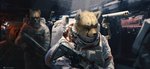 ambiguous_gender anthro assault_rifle astronaut black_nose clothed clothing detailed_background duo fully_clothed fur gun inside military ranged_weapon rifle science_fiction soldier space_force space_marine spacesuit text warrior weapon yellow_body yellow_fur aidelank cheetah felid feline mammal 2020 english_text hi_res