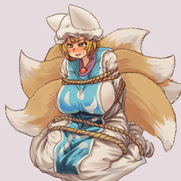 bdsm big_breasts blonde_hair bodily_fluids bondage bound breasts clothed clothing dress female hair hat headgear headwear huge_breasts kneeling multi_tail open_mouth rope simple_background solo sweat tail yellow_eyes chanta touhou ran_yakumo animal_humanoid canid canid_humanoid canine canine_humanoid fox_humanoid humanoid mammal mammal_humanoid 1:1 2015