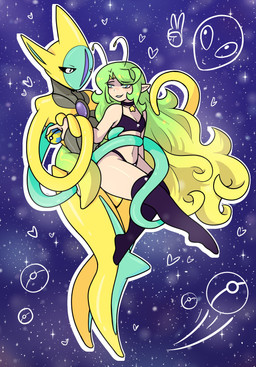 ambiguous_gender antennae_(anatomy) bottomwear choker clothed clothing cosmic_background duo eye_contact female floating footwear gradient_hair green_hair hair heart_symbol holding_object holding_pokeball jewelry legwear long_hair looking_at_another multicolored_hair necklace pointy_ears pokeball smile socks space space_background sparkles star stockings tail tentacles thigh_highs thigh_socks topwear wrapped_up yellow_body cluelessstarstream nintendo pokemon alien alien_humanoid attack_forme_deoxys deoxys generation_3_pokemon humanoid legendary_pokemon pokemon_(species) shiny_pokemon digital_media_(artwork) full-length_portrait hi_res portrait
