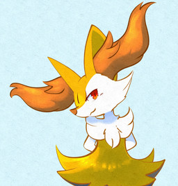 :3 ambiguous_anthro ambiguous_gender anthro arm_tuft biped black_body black_fur blue_background blush blush_lines cheek_tuft chest_tuft closed_smile facial_tuft featureless_crotch fluffy fur hand_behind_back hip_tuft inner_ear_fluff looking_at_viewer markings mouth_closed multicolored_body multicolored_fur neck_tuft nude_ambiguous nude_anthro orange_body orange_fur orange_inner_ear_fluff orange_nose pointy_ears prick_ears pupils red_eyes shoulder_tuft simple_background smile snout solo standing tuft white_body white_fur white_hands white_sclera yellow_body yellow_ears yellow_fur momensarada nintendo pokemon braixen canid generation_6_pokemon mammal pokemon_(species) 2023 colored digital_drawing_(artwork) digital_media_(artwork) half-length_portrait hi_res portrait shaded