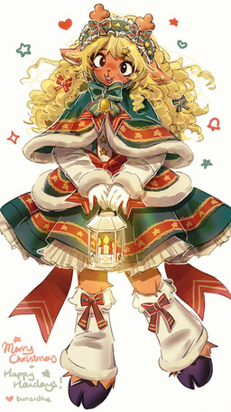 anthro antlers bell blonde_hair blush blush_lines bow_ribbon brown_body brown_eyes brown_fur buckteeth clothing cloven_hooves curly_hair dress ear_piercing eyebrow_through_hair eyebrows eyelashes female fur gloves hair handwear happy heart_symbol holding_lantern holding_object holidays hooves horn lamp lantern legwear open_mouth piercing simple_background solo sparkles star_symbol teeth text translucent translucent_hair bunsidhe christmas deltarune undertale_(series) noelle_holiday cervine deer mammal 2026 9:16 english_text hi_res signature