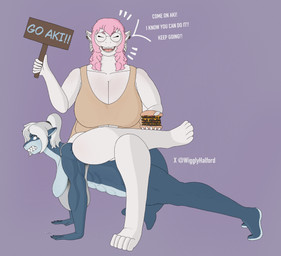 5_fingers 5_toes 6_fingers 6_toes anthro big_breasts bodily_fluids breasts burger clothed clothing dialogue duo ear_piercing ellie_ariral_(wigglyhalford) feet female female/female fingers food hair holding_food holding_object huge_breasts muscular no_underwear overweight pantsless piercing pink_hair sign speech_bubble sweat sweatdrop teeth text toes white_hair wigglyhalford voices_of_the_void aki_blythe_(zillasharkeh) alien aquatic ariral domestic_cat felid feline felis fish humanoid mammal shark absurd_res english_text hi_res