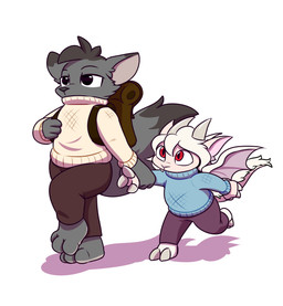 anthro backpack big_ears big_tail black_eyes blue_clothing blue_sweater blue_topwear bottomwear clothing dragon_tail dragon_wings duo female fluffy fluffy_hair fluffy_tail fur grey_body grey_fur hair hand_holding hooves horn looking_at_another male male/female pants pawpads paws pupils red_eyes short_hair simple_background slit_pupils sweater tail topwear walking white_background white_body white_fur white_wings wings twtr mythology jenny_the_lamb wolf_(twtr) bovid canid canine canis caprine dragon humanoid hybrid mammal mythological_creature mythological_scalie scalie sheep wolf guide_lines hi_res brother_(lore) brother_and_sister_(lore) sibling_(lore) sister_(lore)