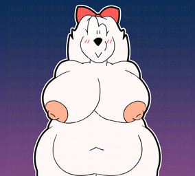 accessory anthro belly belly_overhang big_belly big_breasts black_nose blush blush_lines bow_ribbon breasts female fluffy_ears fur gradient_background hair_accessory hair_bow hair_ribbon hands_behind_back navel nipples overweight overweight_anthro overweight_female red_bow ribbons simple_background smile solo standing thick_thighs white_body white_fur juiciidrop nintendo star_fox fay_(star_fox) bird_dog canid canine canis domestic_dog hunting_dog mammal spaniel 2026 colored digital_drawing_(artwork) digital_media_(artwork) hi_res