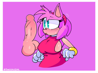 accessory anthro balls big_balls big_breasts big_penis blush bodily_fluids border bracelet breasts clothing dress duo erection female genitals gloves green_eyes hair_accessory hairband handwear jewelry male male/female penis pink_body side_boob sweat tan_body tan_skin white_border tweedleevil sega sonic_the_hedgehog_(series) amy_rose ambiguous_species eulipotyphlan hedgehog mammal 4:3 hi_res