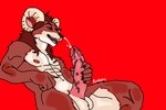 anthro balls big_balls bodily_fluids cum cumshot ejaculation erection fur genital_fluids genitals hair horn male masturbation nipples nude pecs penis red_body red_fur simple_background smile solo pandoku bovid caprine mammal sheep