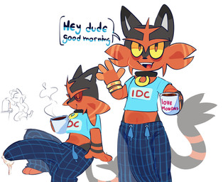 anthro big_bulge big_penis biped black_body black_fur bottomwear bulge casual_hyper clothed clothing cute_fangs detailed_bulge dialogue erection eyes_closed fangs fur genital_outline genitals huge_bulge huge_penis male penis penis_outline red_body red_fur smile solo speech_bubble standing teeth text tongue topwear yellow_sclera tankunito nintendo pokemon felid generation_7_pokemon mammal pokemon_(species) torracat absurd_res english_text hi_res