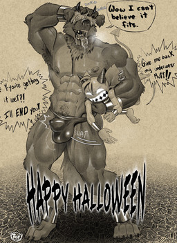 abs angry anthro areola balls_outline biceps bodily_fluids bulge carrying_another carrying_partner clothed clothing detailed_bulge dialogue duo ear_piercing ear_ring feet fingers fur genital_fluids genital_outline hair hair_over_eyes hand_on_head holding_partner holidays horn humanoid_on_anthro larger_anthro male male/male muscular muscular_anthro muscular_male navel nipple_piercing nipples open_mouth pecs penis_outline piercing precum precum_string precum_through_clothing ring_piercing saliva saliva_on_tongue saliva_string simple_background size_difference smaller_humanoid smile spade_tail speech_bubble standing tail teeth text thong thong_only toes tongue tongue_out tongue_piercing topless topless_anthro topless_male underwear underwear_only wet wet_clothing wet_underwear tush_(artist) halloween tush_(character) canid canine canis humanoid imp mammal absurd_res digital_media_(artwork) english_text hi_res