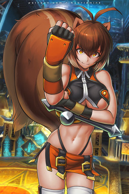 bottomwear breasts brown_hair cleavage clothed clothing female gloves hair handwear long_tail orange_eyes screencap screencap_background shorts smile tail hybridmink arc_system_works blazblue makoto_nanaya animal_humanoid humanoid mammal mammal_humanoid rodent rodent_humanoid sciurid sciurid_humanoid tree_squirrel_humanoid 2:3
