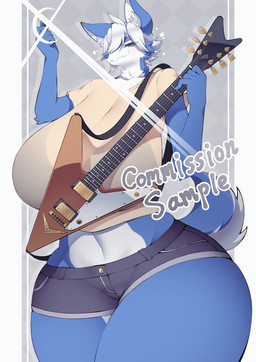 anthro big_breasts black_bra black_clothing black_underwear blue_body bottomwear bra breasts clothing collarbone curvy_figure denim electric_guitar female grey_background guitar hair holding_guitar holding_musical_instrument holding_object huge_breasts inner_ear_fluff looking_at_viewer musical_instrument navel plucked_string_instrument sample shirt short_hair shorts simple_background smile solo sparkles standing string_instrument text thick_thighs topwear translucent translucent_clothing tuft underwear voluptuous white_body white_hair wide_hips yellow_clothing yellow_shirt yellow_topwear yasume_(cheap_melon_soda) canid canine canis mammal wolf english_text