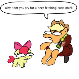 alcohol beer beer_bottle beverage blonde_hair bottle chair clothing container cowboy_hat duo female feral fur furniture hair hat headgear headwear humanoid_hands humor looking_at_another on_chair open_mouth orange_body orange_fur pink_bow red_hair red_tail shirt simple_background sitting sitting_on_chair tail talking_to_another tank_top text topwear white_background white_clothing white_shirt white_tank_top white_topwear yellow_body yellow_fur purbleindigo friendship_is_magic hasbro my_little_pony apple_bloom_(mlp) applejack_(mlp) 1:1 2026 digital_drawing_(artwork) digital_media_(artwork) english_description english_text hi_res mixed_media photo_manipulation