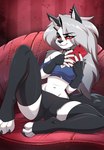 anthro arm_tuft bottomwear breasts cellphone clothing collar crop_top ear_piercing ear_ring electronics eyebrow_through_hair eyebrows eyelashes female fur grey_hair hair inner_ear_fluff legwear midriff phone piercing red_sclera ring_piercing shirt shorts shoulder_tuft sitting smartphone solo spiked_collar spikes thigh_highs toeless_legwear topwear translucent translucent_hair tuft white_body white_fur ayuyabo helluva_boss mythology loona_(helluva_boss) canid canid_demon canine demon hellhound mammal mythological_canine mythological_creature 2025 hi_res