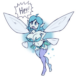ahoge blue_body blue_eyes blue_hair blue_skin bra breasts cleavage clothed clothing dialogue female hair humanoid_pointy_ears navel not_furry open_mouth pointy_ears simple_background solo speech_bubble text underwear wings elfdrago nintendo ocarina_of_time the_legend_of_zelda navi fairy humanoid 2022 digital_media_(artwork)