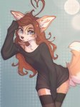 anthro brown_body brown_fur brown_hair brown_tail clothed clothed_anthro clothed_female clothing countershade_torso countershading female front_view fur green_eyes hair inner_ear_fluff legwear looking_at_viewer pantsless pantsless_anthro pantsless_female smile solo standing tail thigh_highs topwear tuft yshanii cotton_(yshanii) canid canine canis dingo mammal 3:4 hi_res