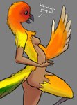 5_fingers anthro beak biped blush breasts butt dialogue feathers female fingers gradient_body grey_background human_to_anthro looking_at_self mid_transformation nude side_view simple_background solo species_transformation standing tail tail_feathers text transformation winged_arms wings stoneheron avian bird human mammal parakeet parrot true_parrot 2021 colored colored_sketch english_text hi_res sketch