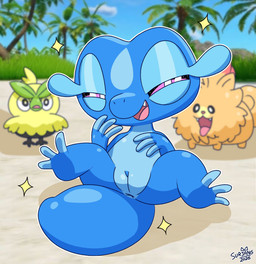 ambiguous_feral ambiguous_gender anus beach biped bipedal_feral black_eyes black_feet black_text blue_anus blue_body blue_eyelids blue_fingers blue_hands blue_tail blue_vulva blurred_background feathers feet female female_focus feral feral_focus genitals grass green_body green_feathers group looking_at_viewer on_ground open_mouth open_smile palm_tree pink_eyes plant presenting presenting_vulva quadruped sand screencap screencap_background shadow sky smile smiling_at_viewer solo_focus sparkles spread_legs spreading tail teeth text tongue tongue_out tree trio tropical vulva surjang nintendo pokemon pokemon_winds_and_waves avian browt canid canine canis domestic_dog gecqua generation_10_pokemon mammal pokemon_(species) pombon pomeranian reptile scalie spitz 2026 absurd_res colored dated digital_drawing_(artwork) digital_media_(artwork) hi_res signature