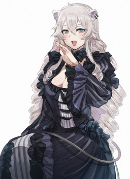 alternate_hairstyle big_breasts black_clothing black_dress breasts cleavage clothed clothing dress drill_curls ear_piercing eyebrows female frilly frilly_clothing frilly_dress grey_hair hair half-closed_eyes long_hair narrowed_eyes piercing sitting solo tail bow_(artist) hololive vtuber shishiro_botan animal_humanoid felid felid_humanoid humanoid lion_humanoid mammal mammal_humanoid pantherine pantherine_humanoid 2022