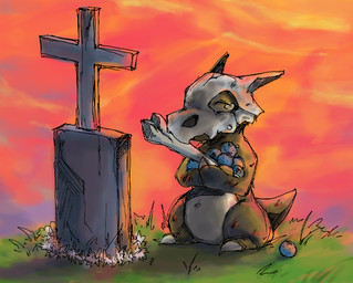 ambiguous_gender anthro berry bodily_fluids bone bone_mask cross flower food fruit generic_flower grave mask oran_berry plant pokemon_berry skull skull_mask solo tears unknown_artist nintendo pokemon cubone generation_1_pokemon pokemon_(species)