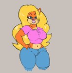 anthro blonde_hair blue_eyes clothing female hair pink_clothing pink_shirt pink_topwear shirt small_waist solo thick_thighs topwear khazzyispine activision crash_bandicoot_(series) tawna_bandicoot bandicoot mammal marsupial hi_res