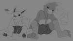 anthro bed bodily_fluids boxer_briefs bulge cheek_tuft chest_tuft clothed clothing detailed_bulge digitigrade duo facial_tuft furniture genital_outline head_tuft male male/male pawpads penis_outline pillow semi-anthro sitting sweat sweatdrop text tuft underwear underwear_only miau nintendo pokemon jetta_the_jolteon taylor_vee avian bird eeveelution generation_1_pokemon jolteon mammal pokemon_(species) absurd_res english_text greyscale hi_res monochrome