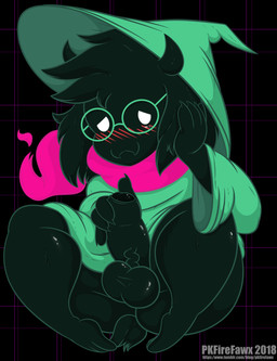 anthro balls biped black_body black_fur blush bottomless clothed clothing eyewear fur genitals glasses hat headgear headwear looking_at_viewer male masturbation penile penile_masturbation penis scarf sitting solo text vein veiny_penis white_eyes pkfirefawx deltarune undertale_(series) ralsei bovid caprine darkner goat mammal 2018 hi_res url