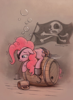 barrel blue_eyes bubble cutlass drunk drunk_bubble eye_patch eyewear female feral hair jolly_roger melee_weapon pink_hair pirate sad solo substance_intoxication sword tankard weapon cannibalus friendship_is_magic hasbro my_little_pony pinkie_pie_(mlp) earth_pony equid equine horse mammal pony 2014