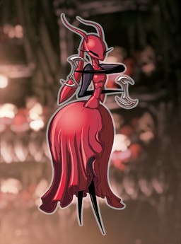 antennae_(anatomy) anthro biped blurred_background clothing dress eyelashes eyes_closed featureless_feet featureless_hands feet female holding_object holding_weapon horn long_eyelashes red_clothing red_dress screencap screencap_background segmented_body slim_female small_waist solo thick_thighs wasp_waist weapon eidel-elias-weise hollow_knight:_silksong hollow_knight_(franchise) team_cherry skarrsinger_karmelita ant arthropod hymenopteran insect skarr absurd_res hi_res