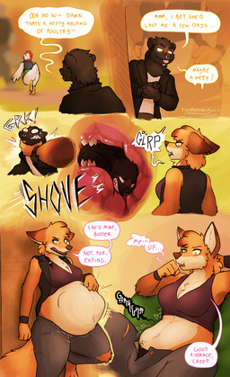 anthro belly big_belly bottomless bottomless_female bottomwear breasts burping butt choker cleavage clothed clothing death denim denim_bottomwear denim_clothing digestion facial_piercing female fluffy grabbing_neck internal jeans jewelry low_cut_shirt male midriff necklace nose_piercing nose_ring pants piercing ring_piercing swallowing teeth torn_bottomwear torn_clothing torn_jeans torn_pants unbuttoned_pants vore themuffinly abbie_huskin_(themuffinly) casey_(themuffinly) avian bird canid canine chicken fox galliform mammal mustelid phasianid red_fox true_fox hi_res