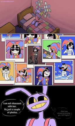 bag beach bed bedroom breath burger cigarette clothing duo eating female food fool's_hat furniture gun hat headgear headwear holding_gun holding_object holding_ranged_weapon holding_weapon horn jester kissing_cheek kneeling_on_bed looking_at_object looking_at_photo looking_up male male/female obsessed out_of_air overalls photo pillow ranged_weapon red_cheeks sea sitting sitting_on_ground sky smile smoking smoking_cigarette speech_bubble star starry_sky surprise_kiss surprised swimwear table text thinking_about_another thought_bubble trash_bag two-piece_swimsuit unicorn_horn water weapon somnambulaart glitch_productions the_amazing_digital_circus jax_(tadc) pomni_(tadc) humanoid lagomorph leporid mammal absurd_res comic english_text hi_res