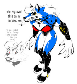 anthro black_lips black_nose blue_body blue_fur claws countershade_face countershade_legs countershade_thighs countershading female fur lips machine monotone_background profanity pupils red_pupils sharp_teeth simple_background solo teeth text white_background white_body white_fur writing_on_arm yellow_pupils the-hydroxian kaita_(the-hydroxian) android canid canine canis mammal robot wolf 2022 absurd_res colored digital_drawing_(artwork) digital_media_(artwork) english_text hi_res