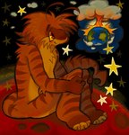ambiguous_gender antennae_(anatomy) anthro bangs belly blush claws cloud earth explosion fur hair holding_both_knees holding_both_legs markings mars mushroom_cloud neck_tuft nude orange_body orange_eyes orange_fur orange_hair paws planet short_hair sitting smile solo space star striped_markings stripes tail tan_belly tuft yellow_sclera luhbums alien hybrid martian hi_res